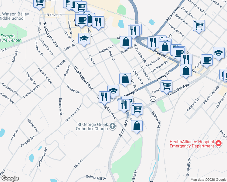 map of restaurants, bars, coffee shops, grocery stores, and more near 70 Wall Street in Kingston