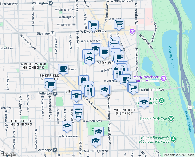 map of restaurants, bars, coffee shops, grocery stores, and more near 644 West Arlington Place in Chicago