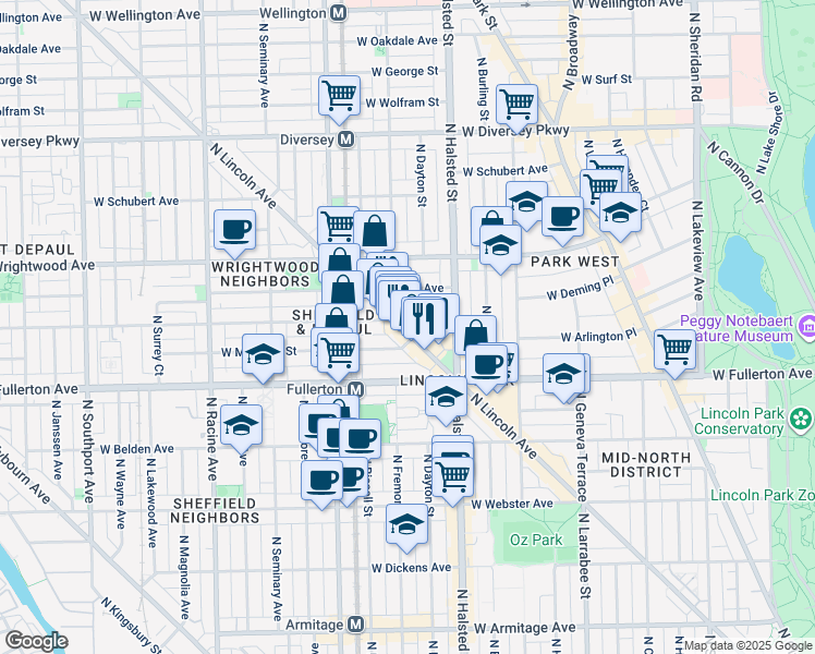 map of restaurants, bars, coffee shops, grocery stores, and more near 2442 North Lincoln Avenue in Chicago