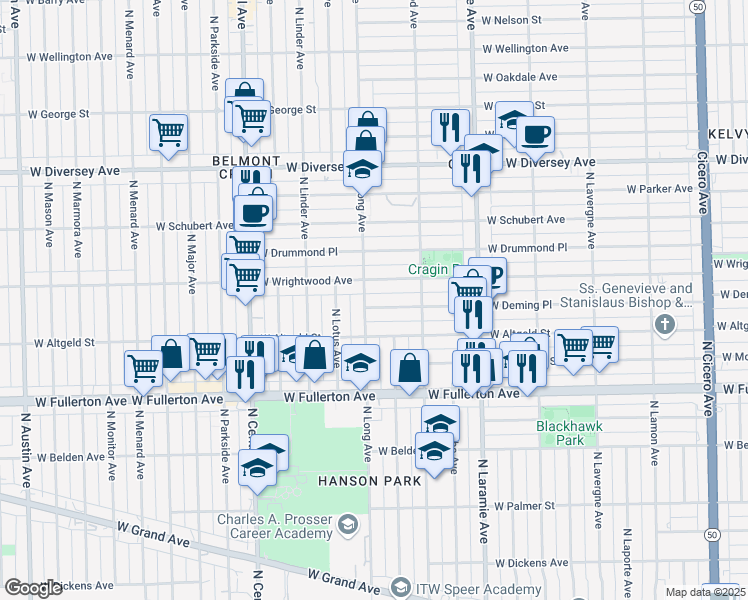 map of restaurants, bars, coffee shops, grocery stores, and more near 5352 West Deming Place in Chicago