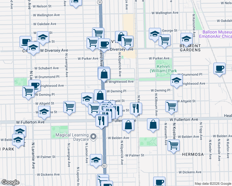 map of restaurants, bars, coffee shops, grocery stores, and more near 4715 West Deming Place in Chicago