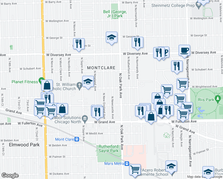 map of restaurants, bars, coffee shops, grocery stores, and more near 6835 West Wrightwood Avenue in Chicago