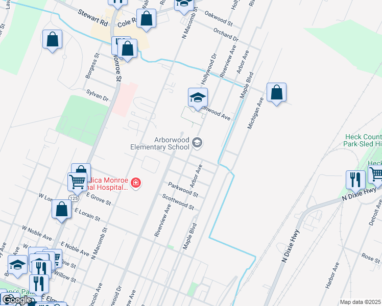 map of restaurants, bars, coffee shops, grocery stores, and more near 1008 Riverview Avenue in Monroe