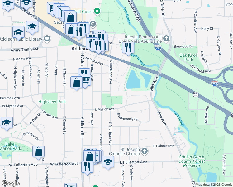 map of restaurants, bars, coffee shops, grocery stores, and more near 213 East Diversey Avenue in Addison