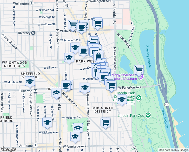 map of restaurants, bars, coffee shops, grocery stores, and more near 519 West Arlington Place in Chicago