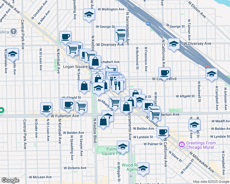 map of restaurants, bars, coffee shops, grocery stores, and more near 2504 North Linden Place in Chicago