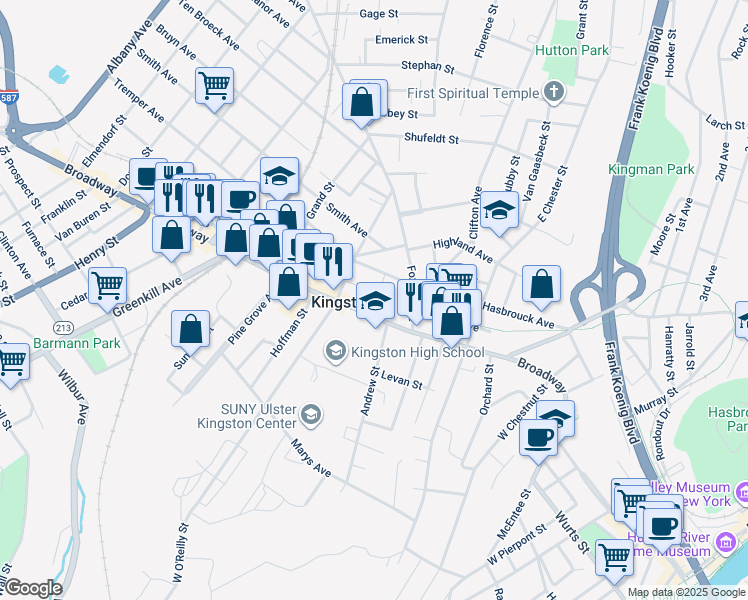 map of restaurants, bars, coffee shops, grocery stores, and more near 408 Broadway in Kingston