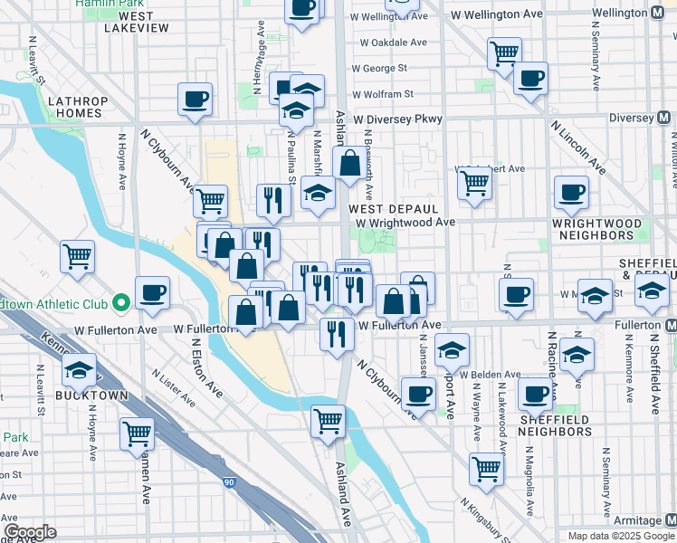 map of restaurants, bars, coffee shops, grocery stores, and more near 2439 North Marshfield Avenue in Chicago