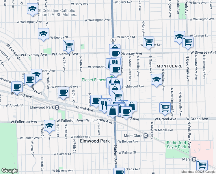 map of restaurants, bars, coffee shops, grocery stores, and more near 2547 North 72nd Court in Elmwood Park