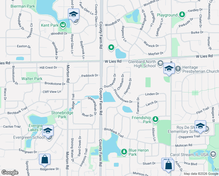 map of restaurants, bars, coffee shops, grocery stores, and more near 832 Provincetown Drive in Carol Stream