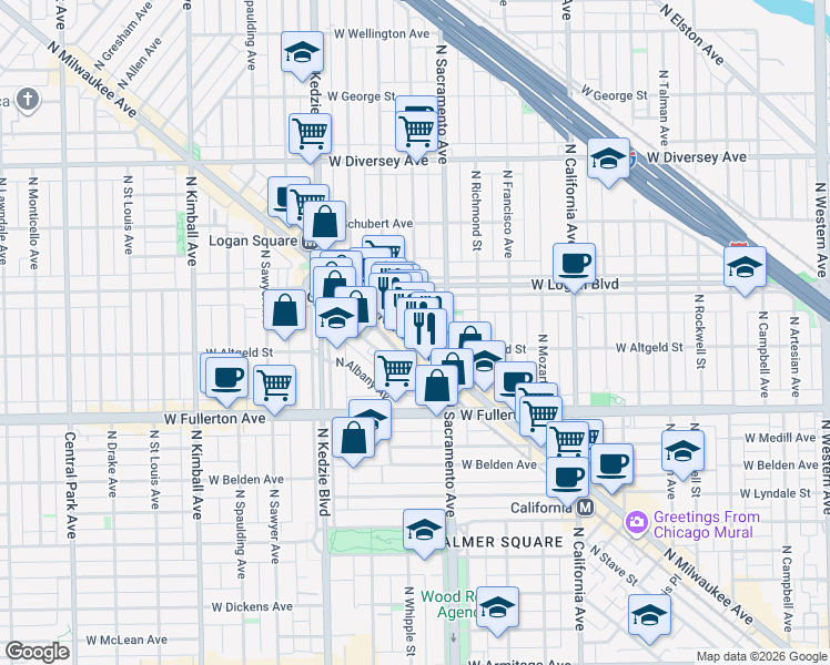 map of restaurants, bars, coffee shops, grocery stores, and more near 2482 North Milwaukee Avenue in Chicago