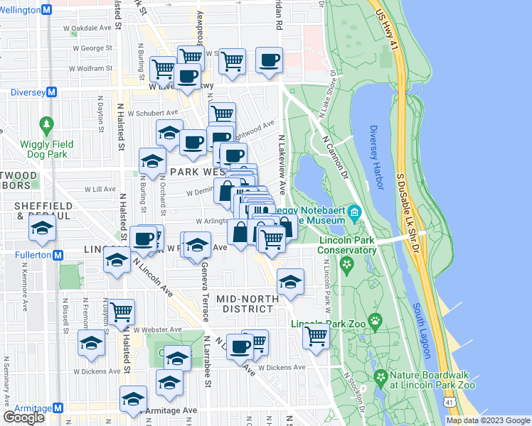 map of restaurants, bars, coffee shops, grocery stores, and more near 2431 North Clark Street in Chicago