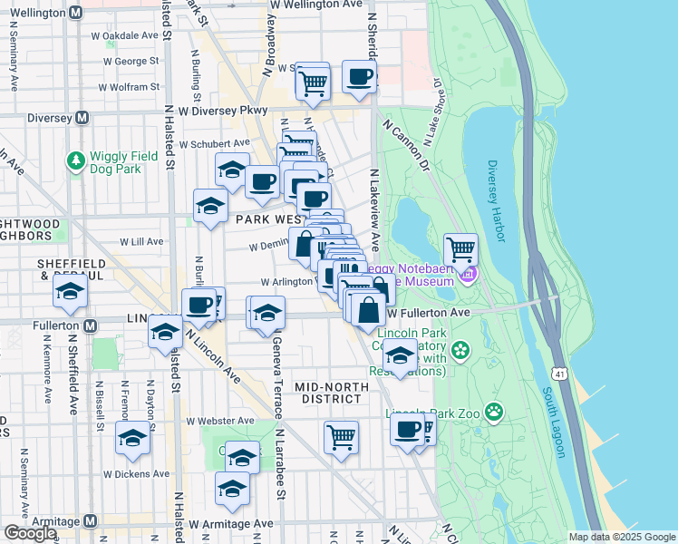 map of restaurants, bars, coffee shops, grocery stores, and more near 2431 North Clark Street in Chicago