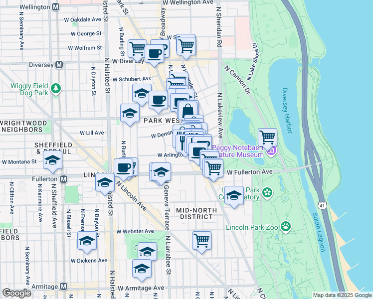 map of restaurants, bars, coffee shops, grocery stores, and more near 519 West Arlington Place in Chicago
