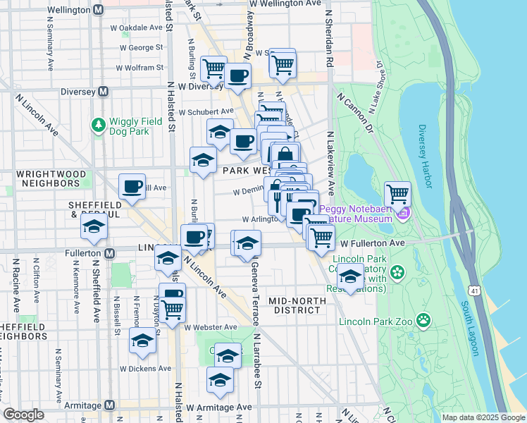 map of restaurants, bars, coffee shops, grocery stores, and more near 559 West Arlington Place in Chicago