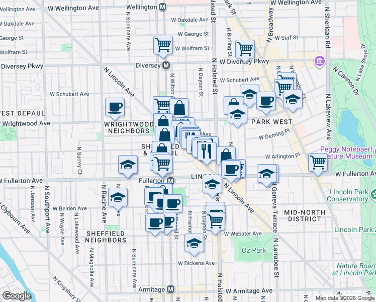 map of restaurants, bars, coffee shops, grocery stores, and more near 2442 North Lincoln Avenue in Chicago