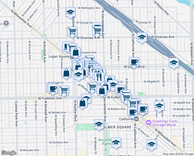 map of restaurants, bars, coffee shops, grocery stores, and more near 2482 North Milwaukee Avenue in Chicago