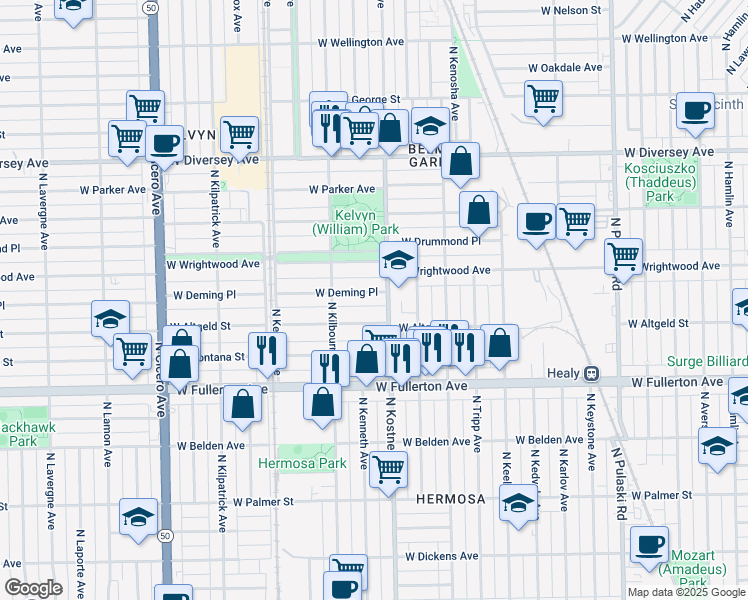 map of restaurants, bars, coffee shops, grocery stores, and more near 4434 West Altgeld Street in Chicago