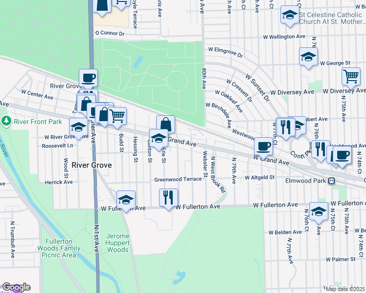 map of restaurants, bars, coffee shops, grocery stores, and more near 2553 Davisson Street in River Grove