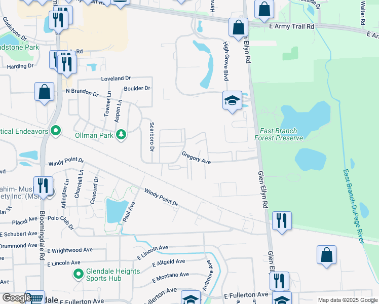 map of restaurants, bars, coffee shops, grocery stores, and more near 443 Gregory Avenue in Glendale Heights