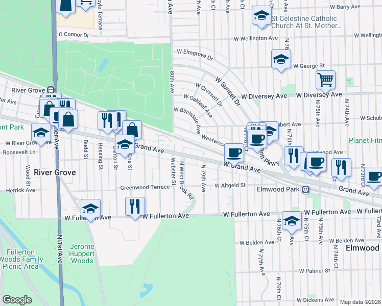 map of restaurants, bars, coffee shops, grocery stores, and more near 7930 West Grand Avenue in Elmwood Park