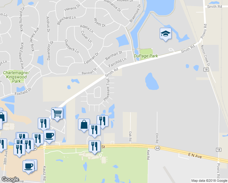 map of restaurants, bars, coffee shops, grocery stores, and more near 829 Pheasant Trail in St. Charles