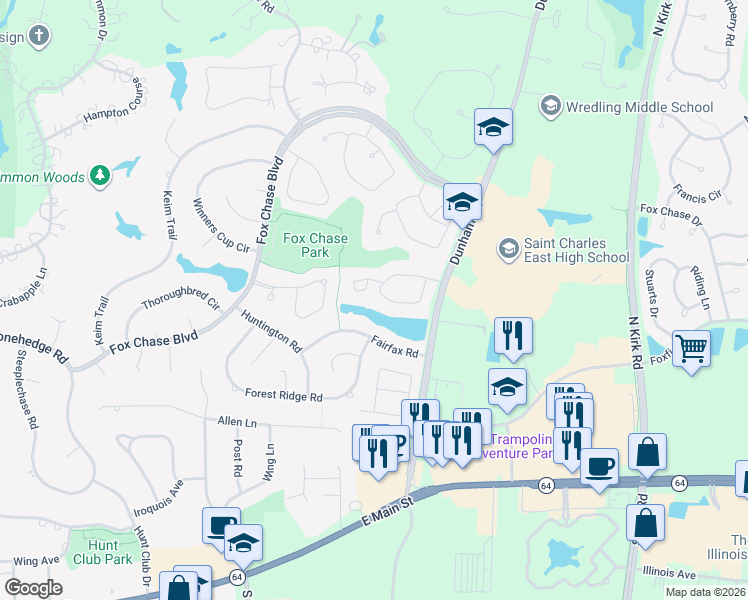 map of restaurants, bars, coffee shops, grocery stores, and more near 2130 Fairfax Road in St. Charles