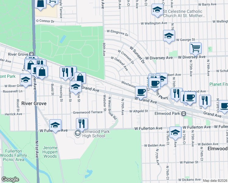 map of restaurants, bars, coffee shops, grocery stores, and more near 7932 West Grand Avenue in Elmwood Park