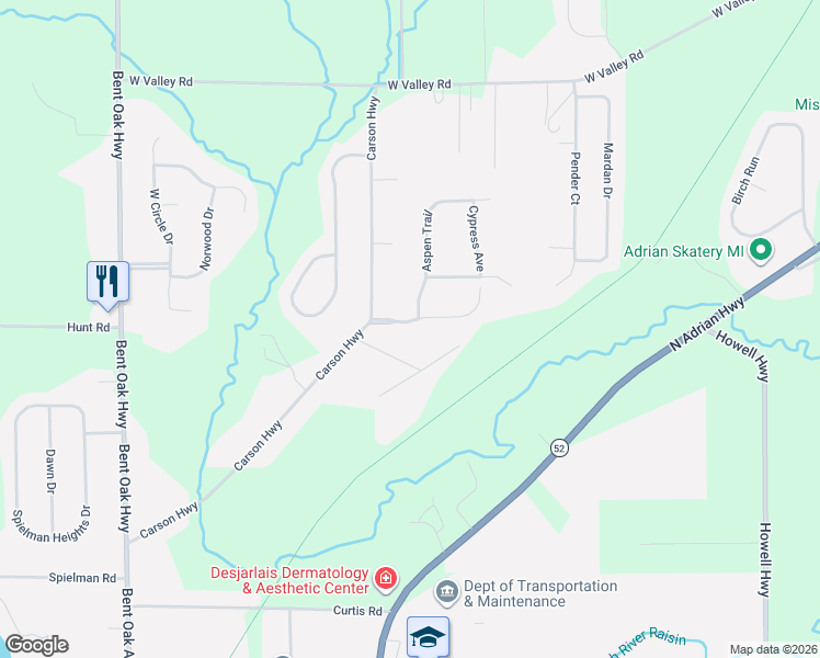 map of restaurants, bars, coffee shops, grocery stores, and more near 1820 Williamsburg Drive in Adrian
