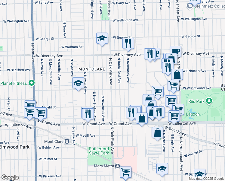 map of restaurants, bars, coffee shops, grocery stores, and more near 6775 West Wrightwood Avenue in Chicago