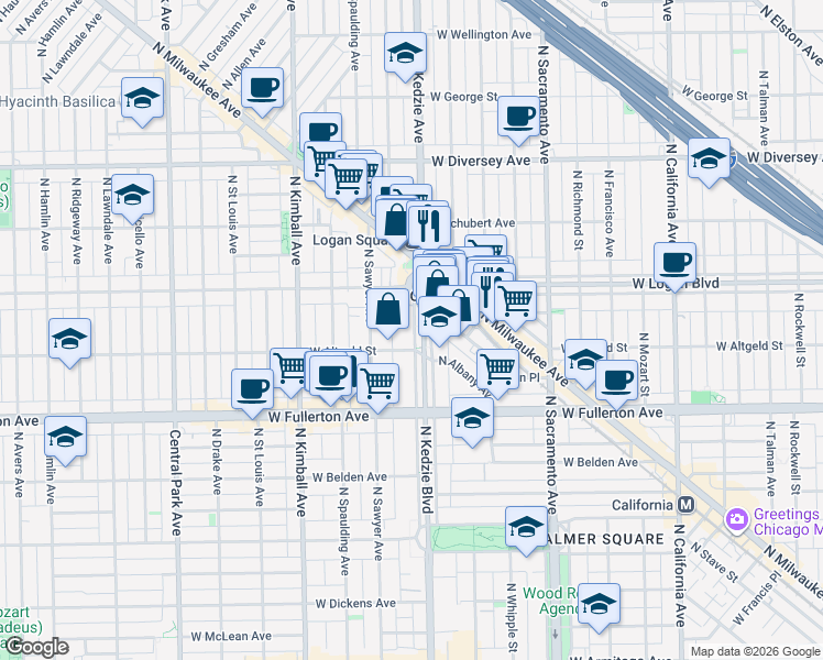 map of restaurants, bars, coffee shops, grocery stores, and more near 2520 North Kedzie Boulevard in Chicago