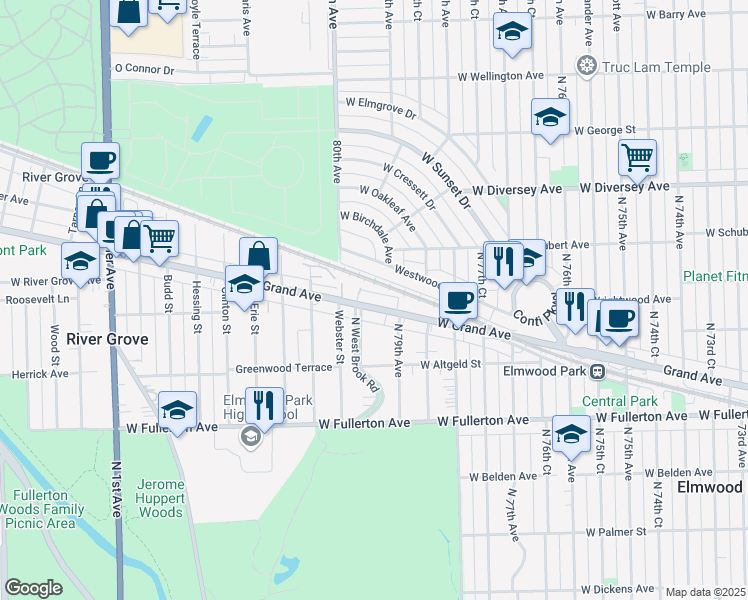 map of restaurants, bars, coffee shops, grocery stores, and more near 7930 West Grand Avenue in Elmwood Park