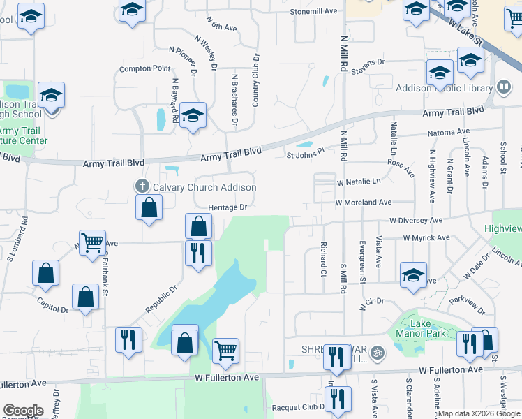 map of restaurants, bars, coffee shops, grocery stores, and more near 835 Heritage Drive in Addison