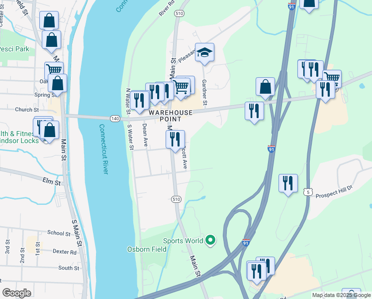map of restaurants, bars, coffee shops, grocery stores, and more near 6 Scott Avenue in East Windsor
