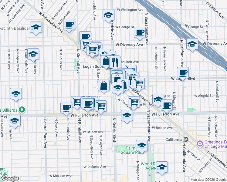 map of restaurants, bars, coffee shops, grocery stores, and more near N Kedzie Blvd & N Linden Pl in Chicago