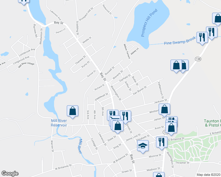 map of restaurants, bars, coffee shops, grocery stores, and more near 581 Bay Street in Taunton
