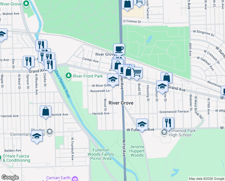 map of restaurants, bars, coffee shops, grocery stores, and more near Forest View Ave & Roosevelt Ln in River Grove