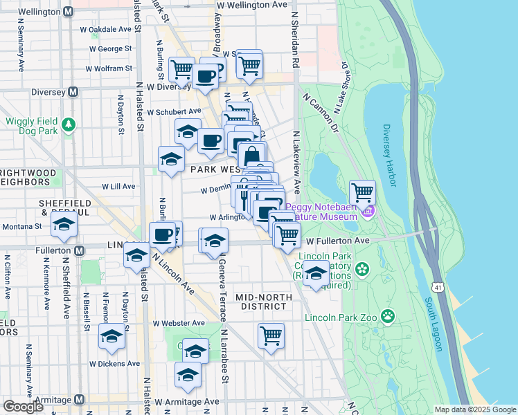 map of restaurants, bars, coffee shops, grocery stores, and more near 519 West Arlington Place in Chicago