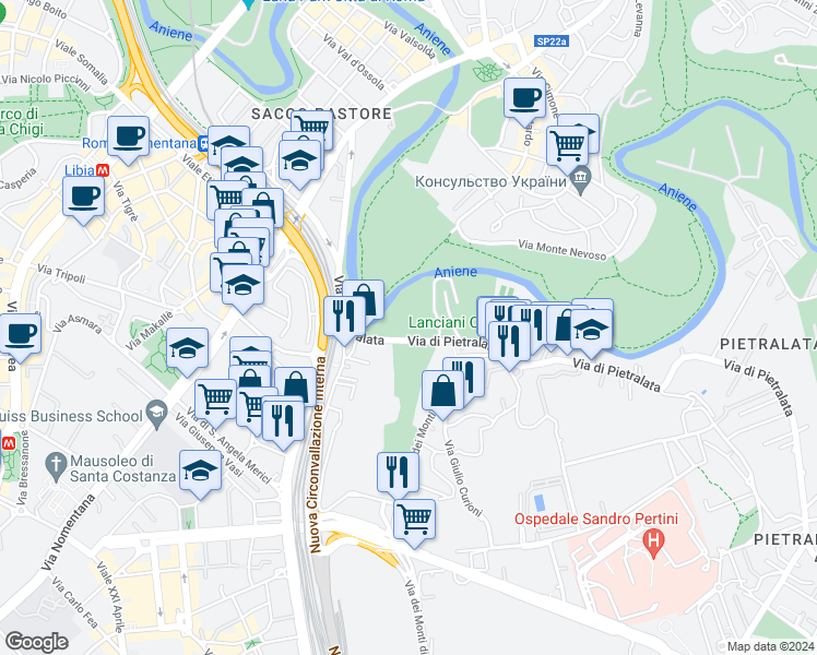 map of restaurants, bars, coffee shops, grocery stores, and more near 97-99 Via di Pietralata in Roma