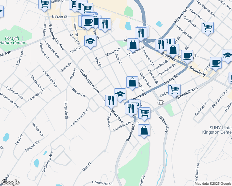 map of restaurants, bars, coffee shops, grocery stores, and more near 93 Wall Street in Kingston