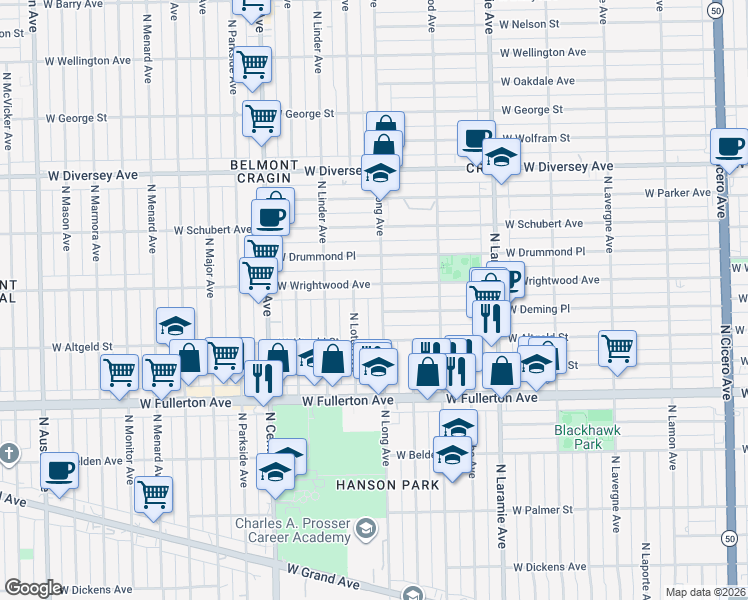 map of restaurants, bars, coffee shops, grocery stores, and more near 2542 North Long Avenue in Chicago