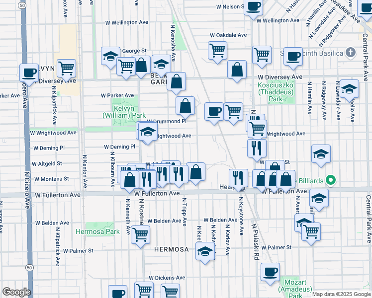 map of restaurants, bars, coffee shops, grocery stores, and more near 2531 North Tripp Avenue in Chicago