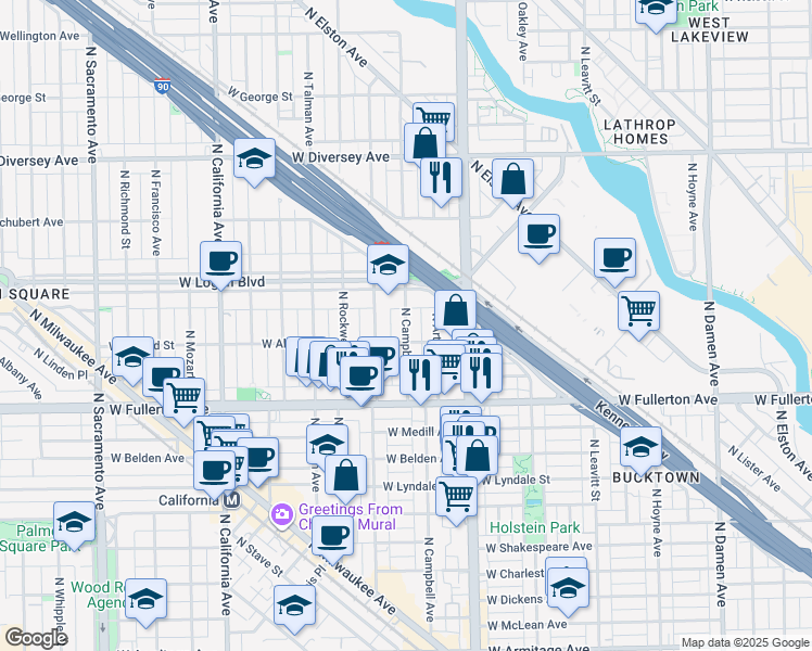 map of restaurants, bars, coffee shops, grocery stores, and more near 2453 North Campbell Avenue in Chicago
