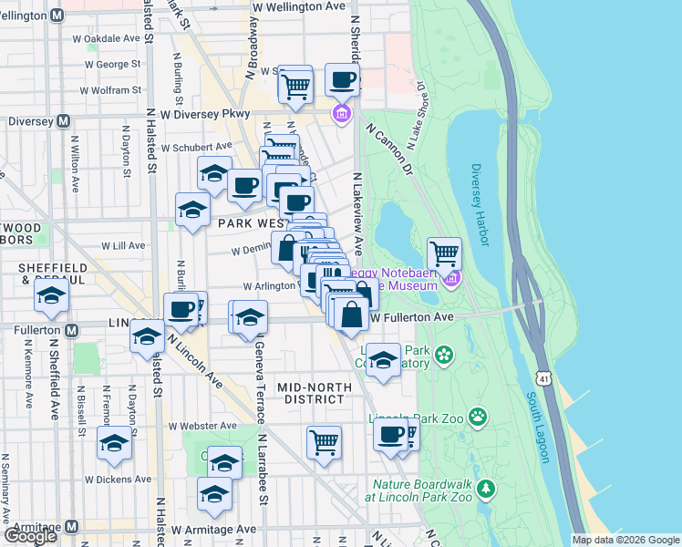 map of restaurants, bars, coffee shops, grocery stores, and more near 2431 North Clark Street in Chicago