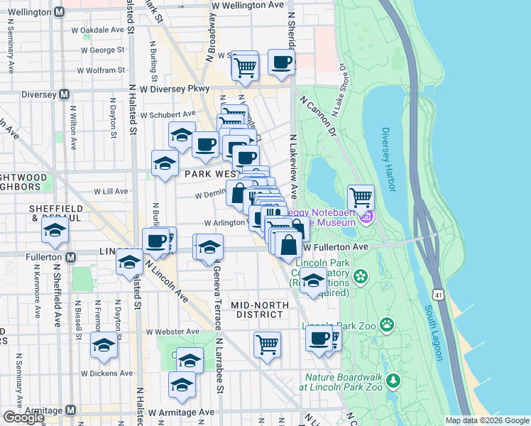 map of restaurants, bars, coffee shops, grocery stores, and more near 2431 North Clark Street in Chicago