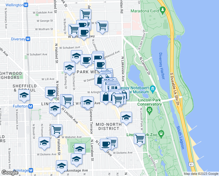map of restaurants, bars, coffee shops, grocery stores, and more near 2431 North Clark Street in Chicago