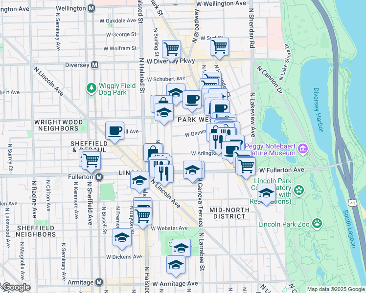 map of restaurants, bars, coffee shops, grocery stores, and more near 623 West Arlington Place in Chicago