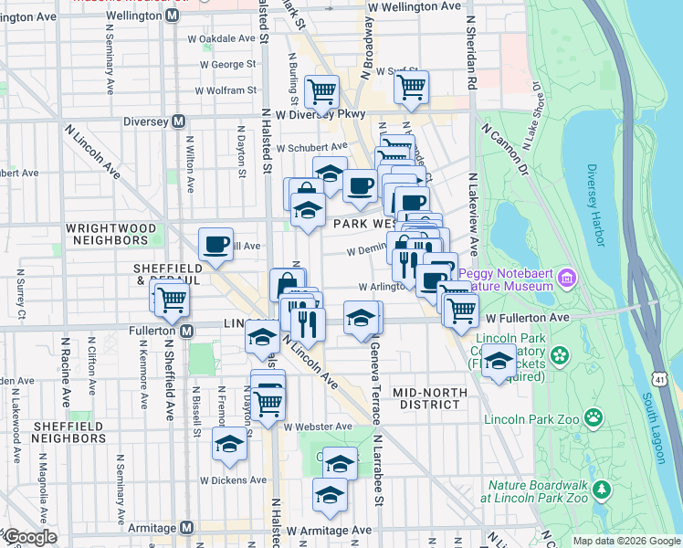 map of restaurants, bars, coffee shops, grocery stores, and more near 623 West Arlington Place in Chicago