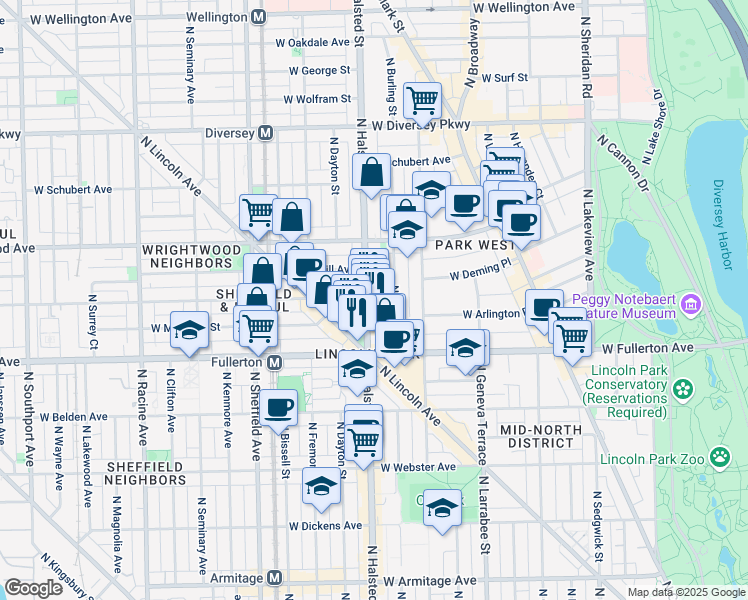 map of restaurants, bars, coffee shops, grocery stores, and more near 2434 North Burling Street in Chicago