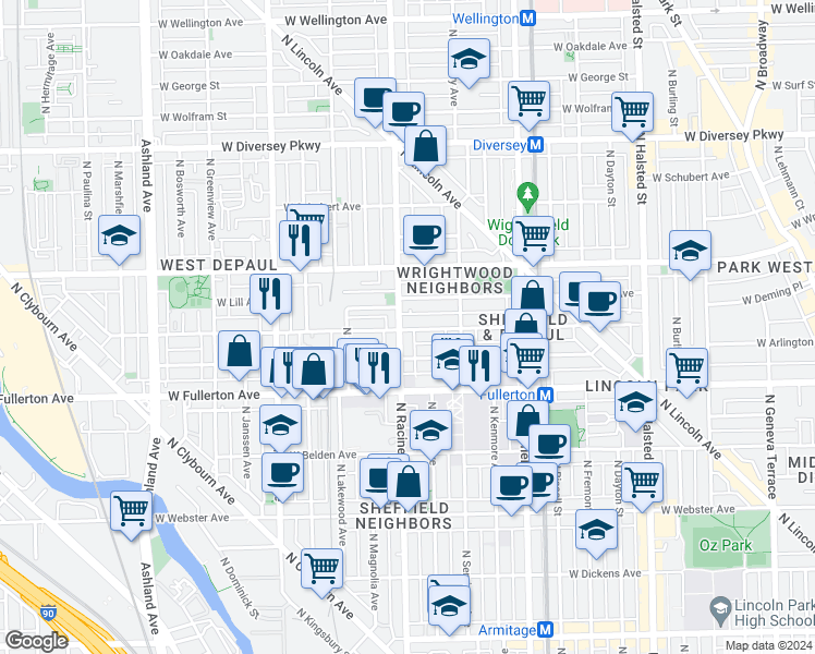 map of restaurants, bars, coffee shops, grocery stores, and more near 2440 North Racine Avenue in Chicago
